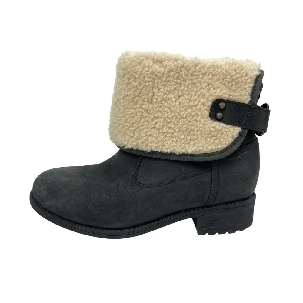 UGG Aldon Womens Black Sherpa Leather Buckle Strap Winter Snow Ankle Boots 8.5